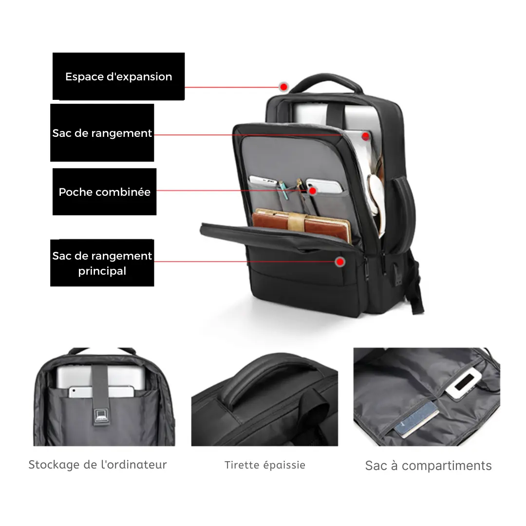 Sac à dos noir extensible 20-30L voyage, PC 15 pouces – Havresacs - HavreS