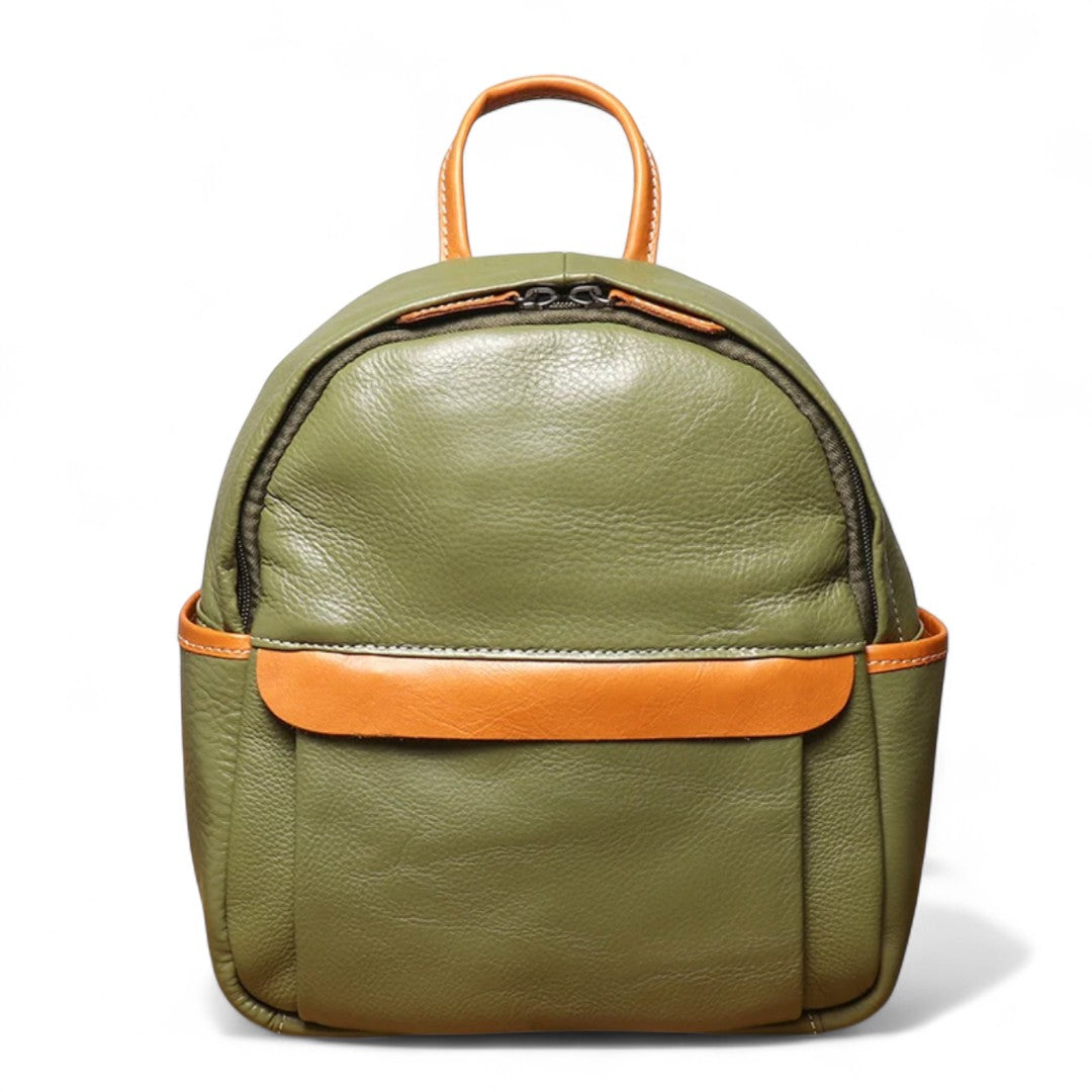 Sac à dos femme vintage en cuir de vachette vert, compact 6 litres
