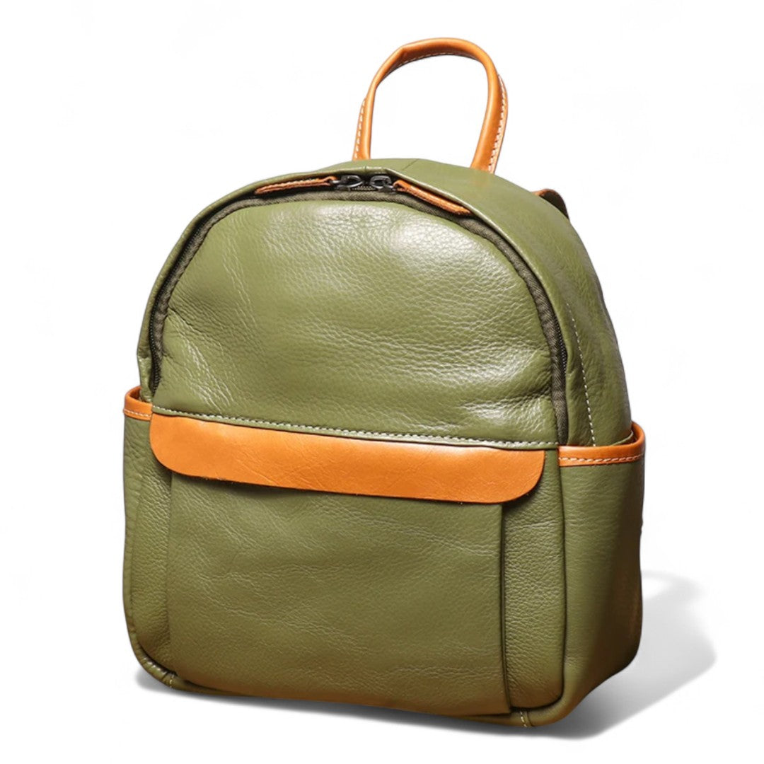 Sac à dos femme vintage en cuir de vachette vert, compact 6 litres