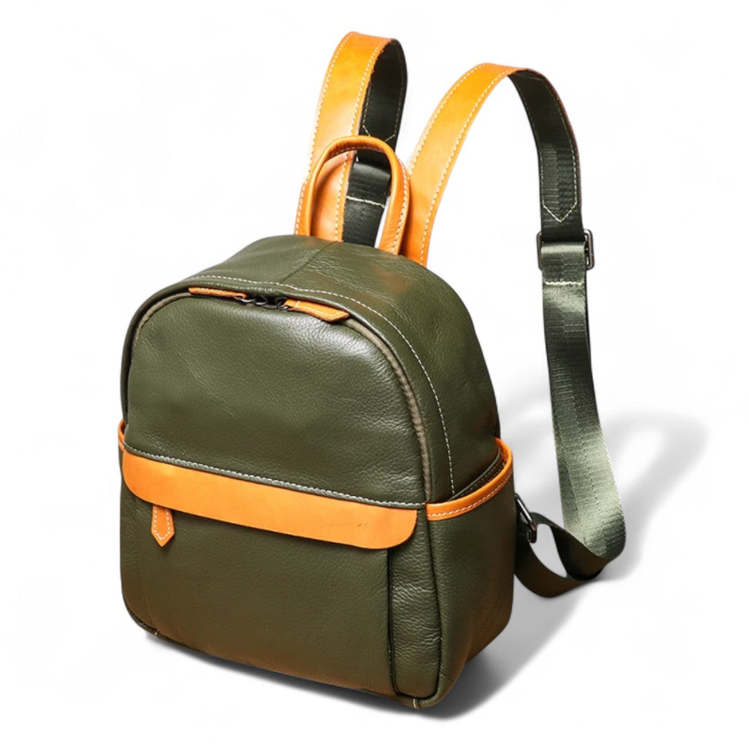 Sac à dos femme vintage en cuir de vachette vert, compact 6 litres