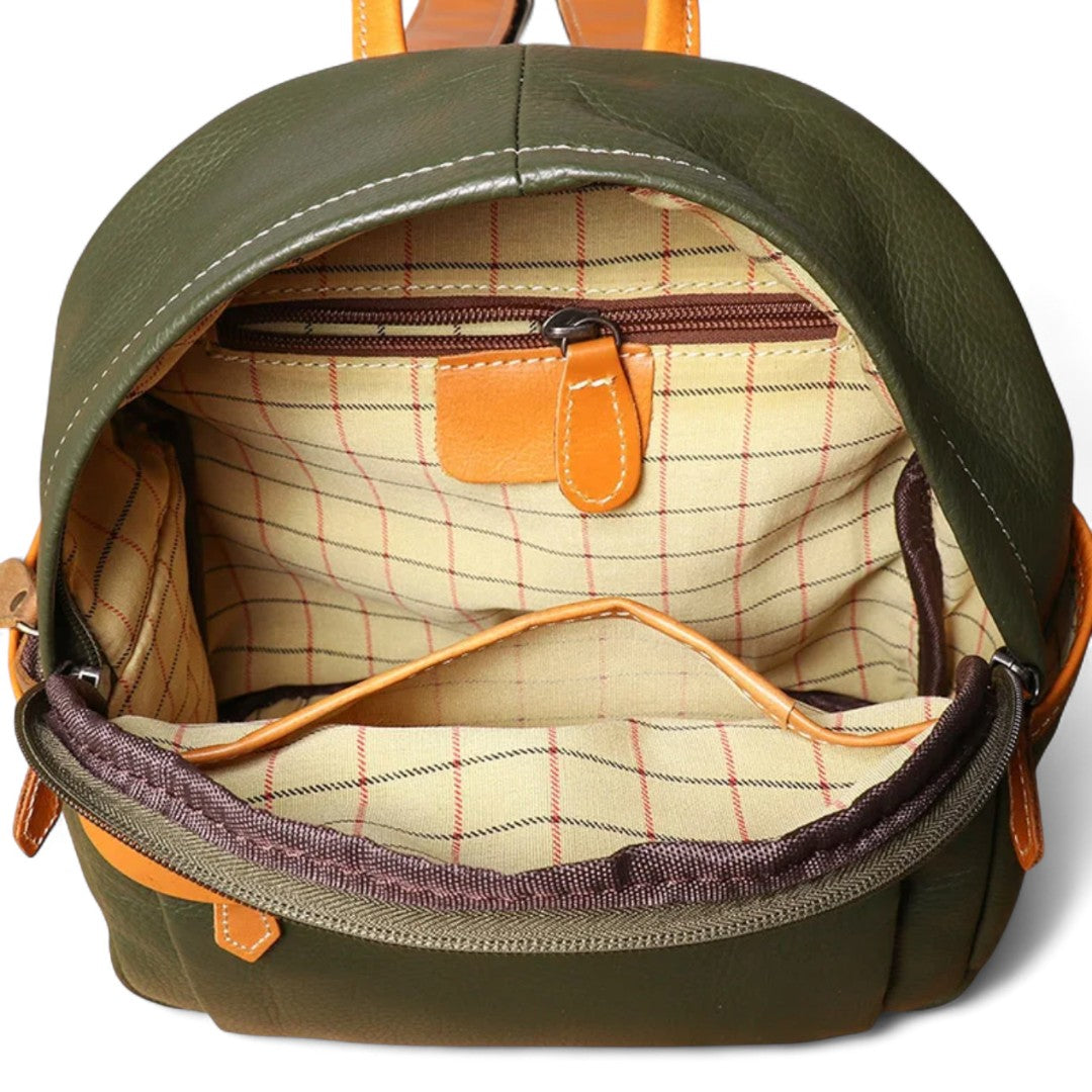 Sac à dos femme vintage en cuir de vachette vert, compact 6 litres