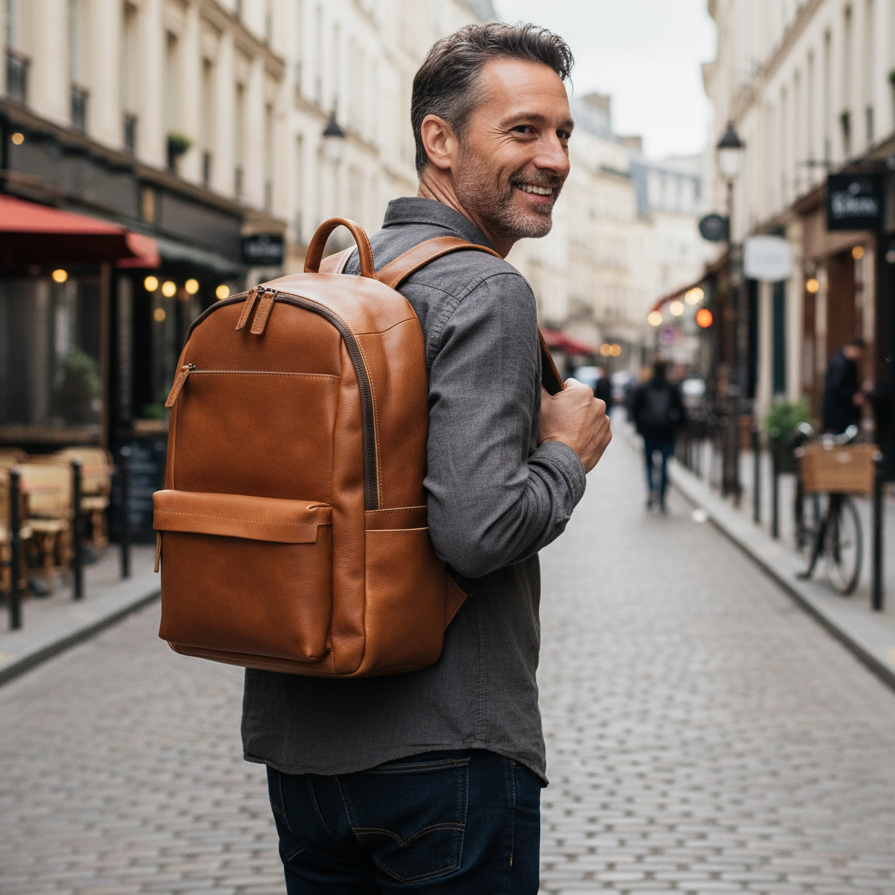 Sac à dos vintage en cuir véritable 18L. Compatible Ordi 14’’
